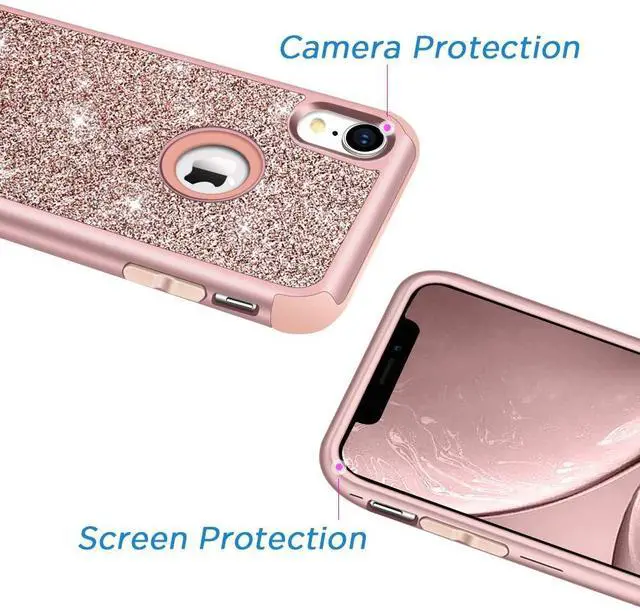 Alt view image 5 of 7 - Compatible with iPhone XR Case, Heavy Duty Full-Body Defender Protective Bling Glitter Sparkle Hard Shell Armor Hybrid Shockproof Silicone Rubber Bumper Cover for 6.1-Inch, Rose Gold