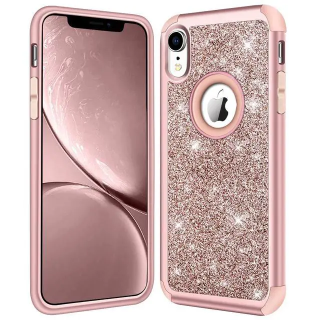 Alt view image 6 of 7 - Compatible with iPhone XR Case, Heavy Duty Full-Body Defender Protective Bling Glitter Sparkle Hard Shell Armor Hybrid Shockproof Silicone Rubber Bumper Cover for 6.1-Inch, Rose Gold