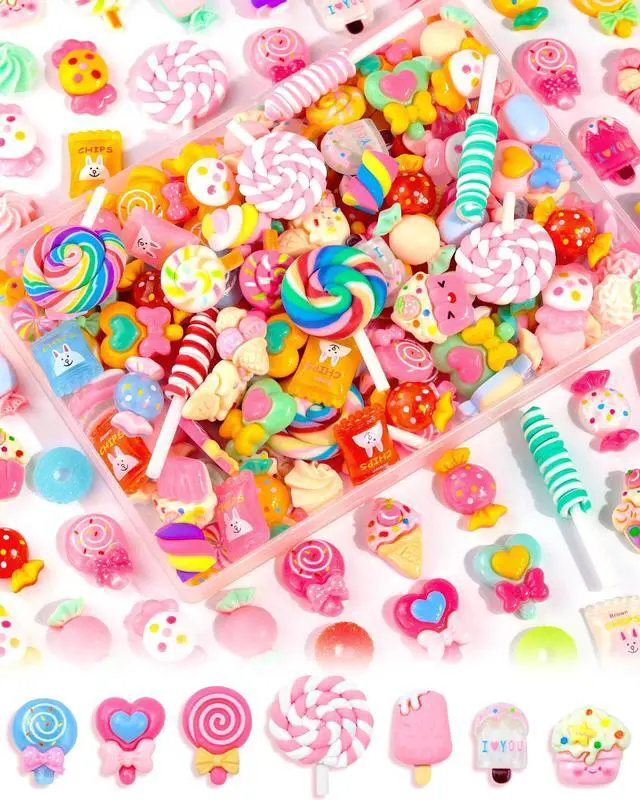 Main image of 120Pcs Cute Candy Slime Charms Bulk, Kawaii Flatback Resin Fake Candy Charms, Random Decoden Charm for Crafts, Embellishments Phone Junk Cases, Hairpins, Scrapbooking Crafting & DIY Decor