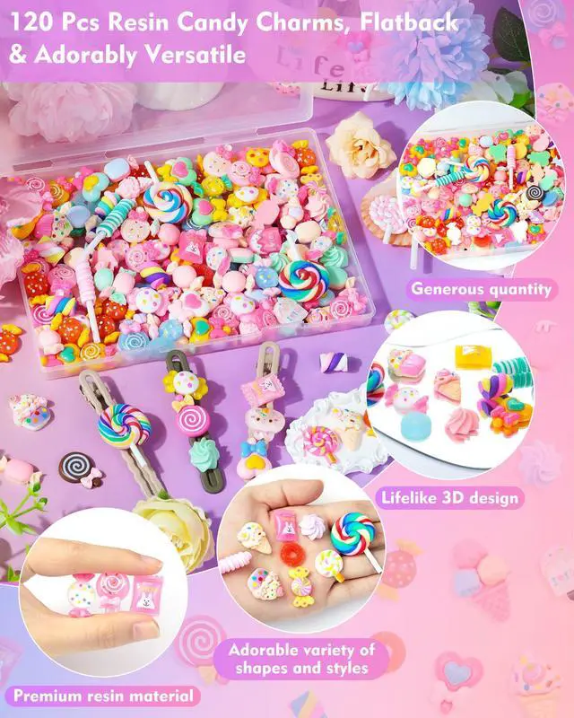 Alt view image 3 of 6 - 120Pcs Cute Candy Slime Charms Bulk, Kawaii Flatback Resin Fake Candy Charms, Random Decoden Charm for Crafts, Embellishments Phone Junk Cases, Hairpins, Scrapbooking Crafting & DIY Decor