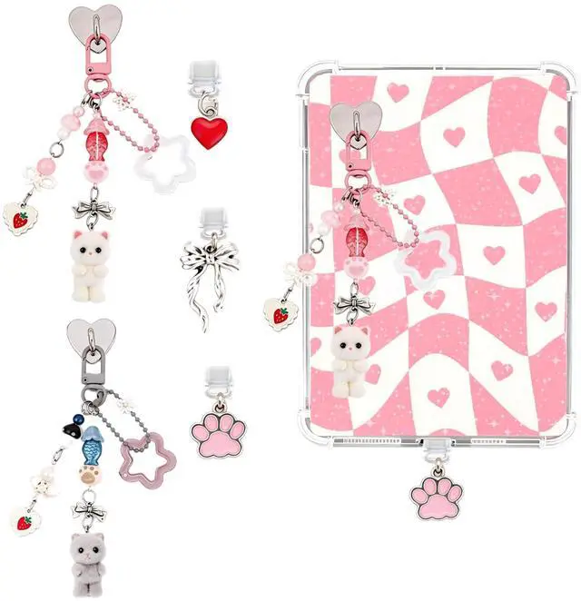 Main image of 5PCS Y2k Cute Cat Charms for Kindle - Fuzzy Kitty Chains with Type C Dust Plug, Stylish Charm for Readers Book Lovers, Compatible for E-Reader Phones Paper White