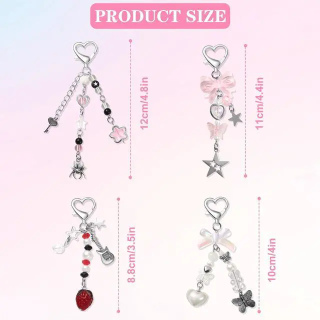 Alt view image 2 of 7 - 4 PCS Y2K Keychain Cute Keychain Accessories Y2K Phone Charms Bow Keychain Bear Guitar Strawberry Key chain With Tether Tab Aesthetic Keychains for Women Girls Purse Backpack Phone Bag Charms,Style 1
