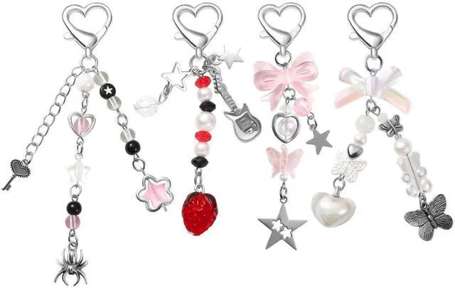 Main image of 4 PCS Y2K Keychain Cute Keychain Accessories Y2K Phone Charms Bow Keychain Bear Guitar Strawberry Key chain With Tether Tab Aesthetic Keychains for Women Girls Purse Backpack Phone Bag Charms,Style 1