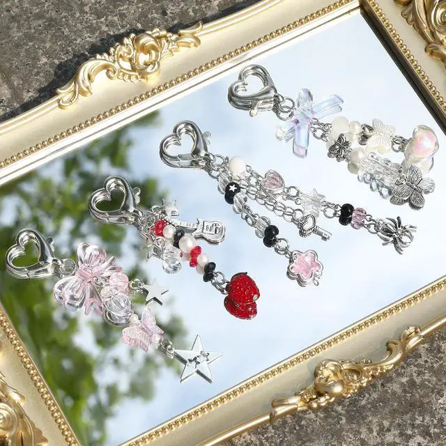Alt view image 3 of 7 - 4 PCS Y2K Keychain Cute Keychain Accessories Y2K Phone Charms Bow Keychain Bear Guitar Strawberry Key chain With Tether Tab Aesthetic Keychains for Women Girls Purse Backpack Phone Bag Charms,Style 1
