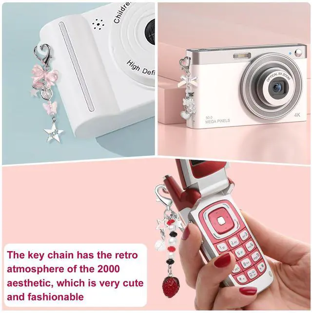 Alt view image 6 of 7 - 4 PCS Y2K Keychain Cute Keychain Accessories Y2K Phone Charms Bow Keychain Bear Guitar Strawberry Key chain With Tether Tab Aesthetic Keychains for Women Girls Purse Backpack Phone Bag Charms,Style 1