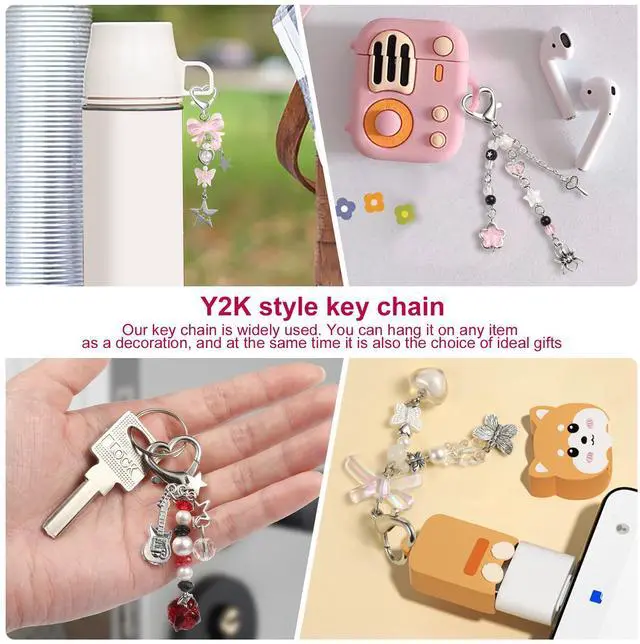 Alt view image 7 of 7 - 4 PCS Y2K Keychain Cute Keychain Accessories Y2K Phone Charms Bow Keychain Bear Guitar Strawberry Key chain With Tether Tab Aesthetic Keychains for Women Girls Purse Backpack Phone Bag Charms,Style 1