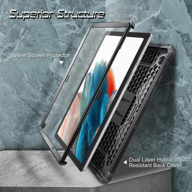 Alt view image 4 of 7 - Shockproof Case for Samsung Galaxy Tab A8 10.5 Inch 2022 Model (SM-X200/X205/X207), Tuatara Rugged Unibody Hybrid Full Protective Bumper Kickstand Cover w/Built-in Screen Protector, Black