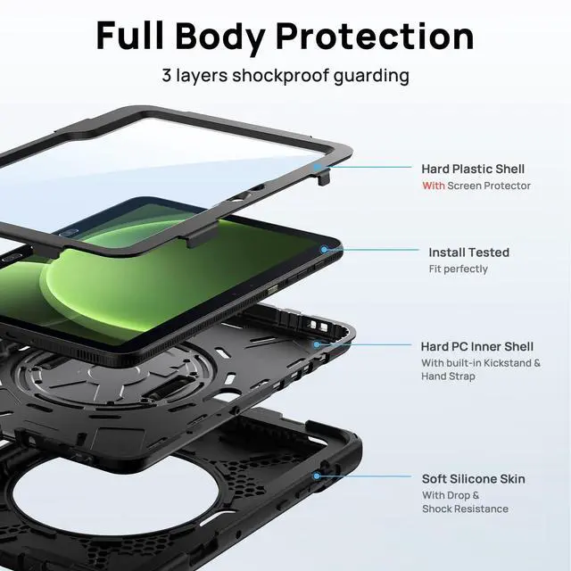 Alt view image 3 of 7 - Case for Samsung Galaxy Tab Active 5Pro 2025/Tab Active4 Pro 2022/Active Pro 2019 10.1", Heavy Duty Shockproof Drop Protection Case with Screen Protector 360° Stand,Hand/Shoulder Strap,Black