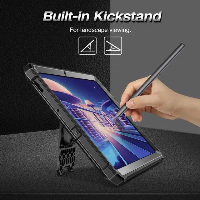 Alt view image 3 of 7 - Shockproof Case for Samsung Galaxy Tab S6 Lite 10.4 Inch 2024/2022/2020, Tuatara Rugged Unibody Hybrid Bumper Kickstand Cover with Built-in Screen Protector, Black
