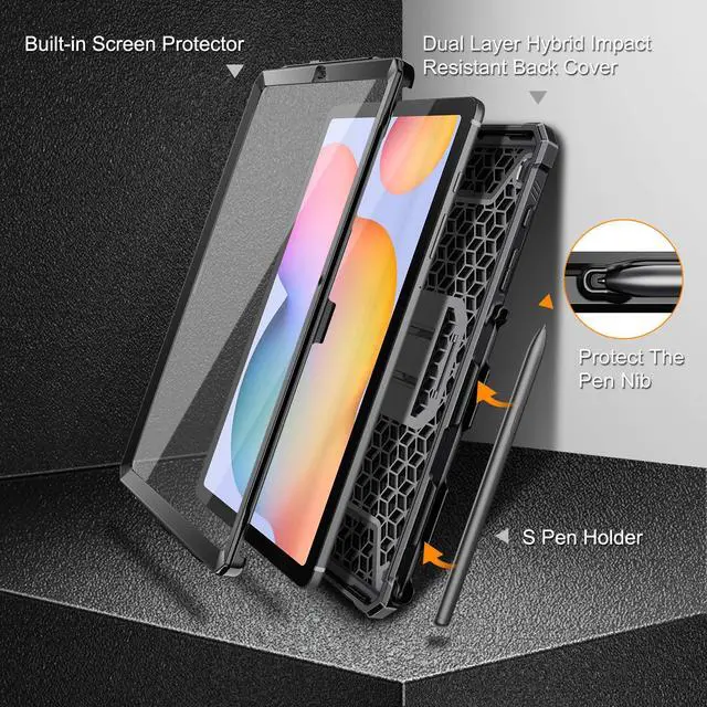 Alt view image 4 of 7 - Shockproof Case for Samsung Galaxy Tab S6 Lite 10.4 Inch 2024/2022/2020, Tuatara Rugged Unibody Hybrid Bumper Kickstand Cover with Built-in Screen Protector, Black