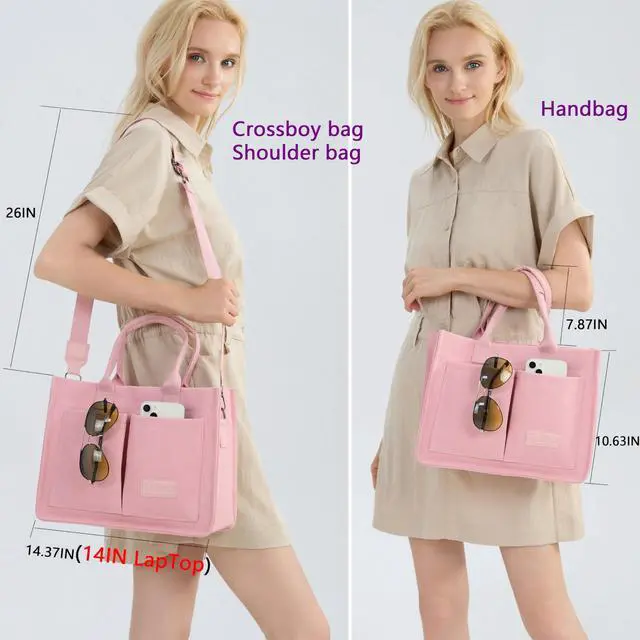 Alt view image 2 of 7 - Canvas Tote Bag for Women With Compartments and Pockets,Pink Women's Bags Crossbody Bags Work Laptop Tote Bag Large Satchels Handbag Tote Purse Everyday Shoulder Bag for Travel Nurse Teacher Gift