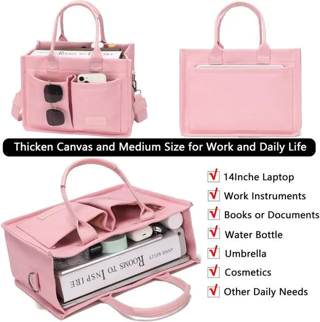 Alt view image 4 of 7 - Canvas Tote Bag for Women With Compartments and Pockets,Pink Women's Bags Crossbody Bags Work Laptop Tote Bag Large Satchels Handbag Tote Purse Everyday Shoulder Bag for Travel Nurse Teacher Gift