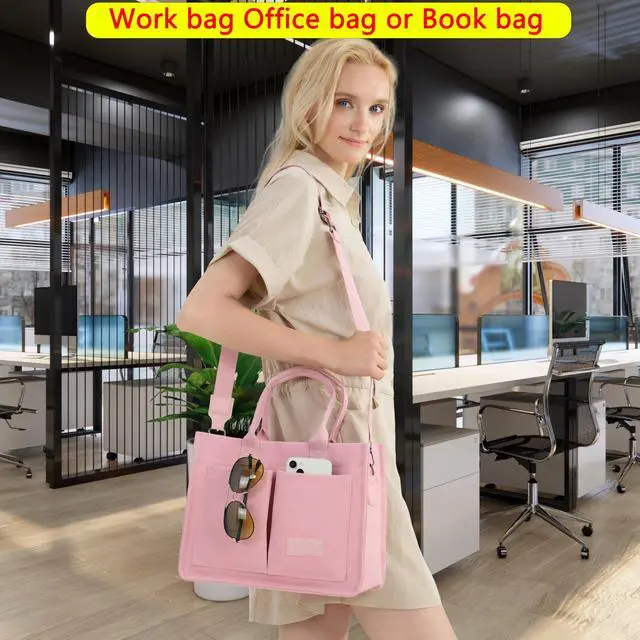 Alt view image 3 of 7 - Canvas Tote Bag for Women With Compartments and Pockets,Pink Women's Bags Crossbody Bags Work Laptop Tote Bag Large Satchels Handbag Tote Purse Everyday Shoulder Bag for Travel Nurse Teacher Gift