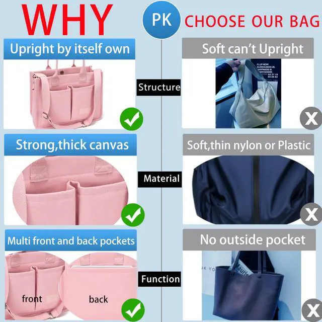 Alt view image 6 of 7 - Canvas Tote Bag for Women With Compartments and Pockets,Pink Women's Bags Crossbody Bags Work Laptop Tote Bag Large Satchels Handbag Tote Purse Everyday Shoulder Bag for Travel Nurse Teacher Gift