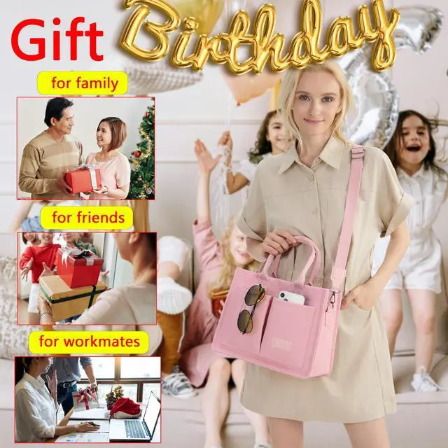 Alt view image 7 of 7 - Canvas Tote Bag for Women With Compartments and Pockets,Pink Women's Bags Crossbody Bags Work Laptop Tote Bag Large Satchels Handbag Tote Purse Everyday Shoulder Bag for Travel Nurse Teacher Gift