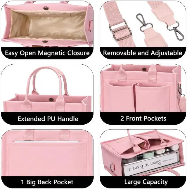 Alt view image 5 of 7 - Canvas Tote Bag for Women With Compartments and Pockets,Pink Women's Bags Crossbody Bags Work Laptop Tote Bag Large Satchels Handbag Tote Purse Everyday Shoulder Bag for Travel Nurse Teacher Gift