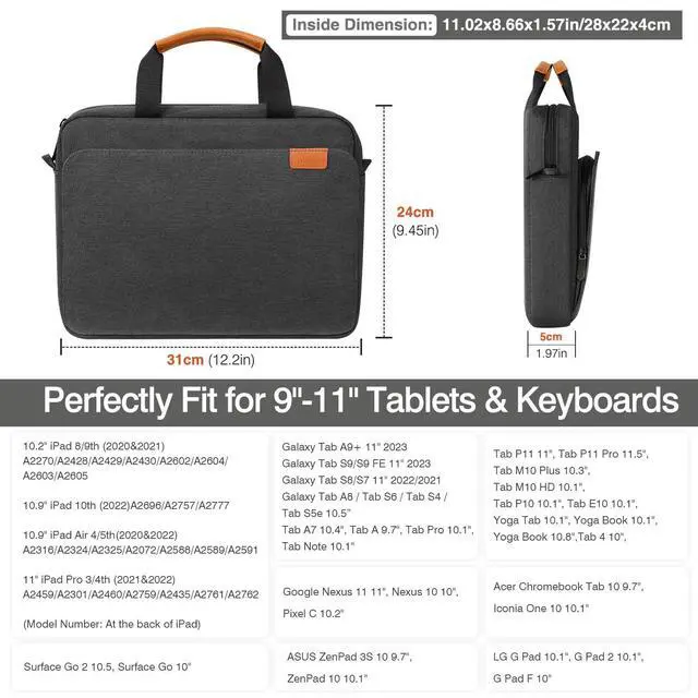 Alt view image 3 of 7 - 9-11 Inch Tablet Sleeve Case, Protective Handle Shoulder Bag Fits New 11inch iPad Air M4 2026/Pro M5/M4, iPad A16 2025, 10th/Air 5/4th 10.9, iPad 9/8/7th 10.2, Tab S8/S9 11, Black & Gray