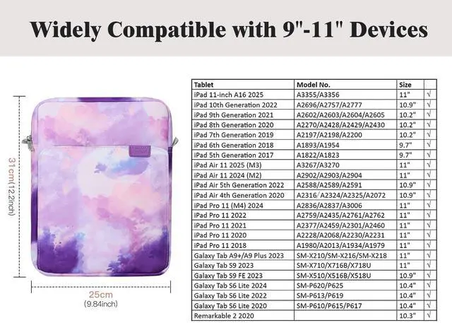 Alt view image 2 of 7 - 9-11 Inch Tablet Sleeve Bag with Shoulder Strap for iPad 11-inch A16 2025, iPad 10th Gen. 10.9"/10.2", Galaxy Tab A9+/A11Plus 11", Watercolor Purple
