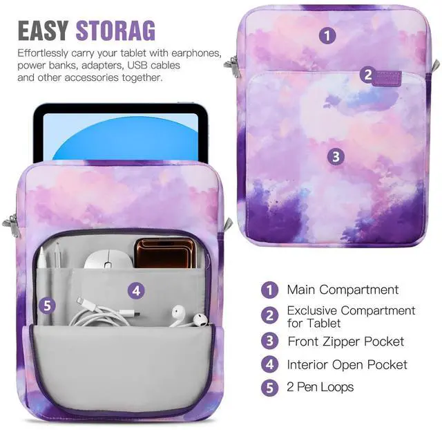 Alt view image 3 of 7 - 9-11 Inch Tablet Sleeve Bag with Shoulder Strap for iPad 11-inch A16 2025, iPad 10th Gen. 10.9"/10.2", Galaxy Tab A9+/A11Plus 11", Watercolor Purple