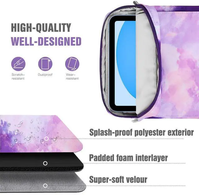 Alt view image 4 of 7 - 9-11 Inch Tablet Sleeve Bag with Shoulder Strap for iPad 11-inch A16 2025, iPad 10th Gen. 10.9"/10.2", Galaxy Tab A9+/A11Plus 11", Watercolor Purple