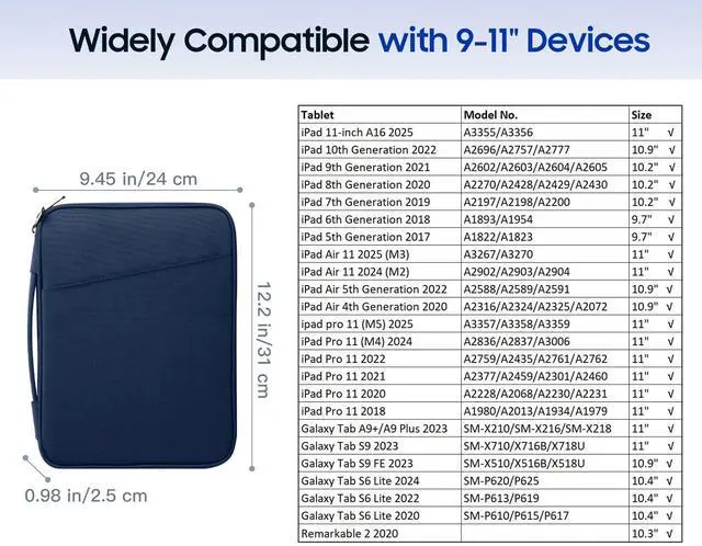 Alt view image 2 of 7 - 9-11" Tablet Sleeve Bag for iPad 11-inch A16 2025, iPad 10.9"/10.2"| Air 11 Inch/5th/4th Gen. 10.9", Galaxy Tab A9+/A11Plus 11", Protective Bag with Pockets, Indigo