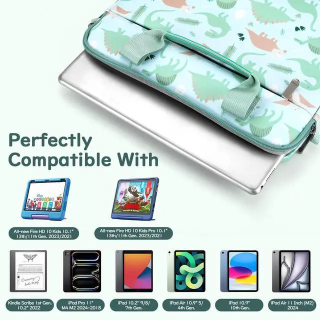 Alt view image 3 of 7 - Tablet Bag for Kids, 12.5 Inch Portable Tablet Sleeve Carrying Case with Handle & Shoulder Strap, Fits Fire HD 10 Kids (Pro) 13th/11th Gen 2023/2021, Fire Max 11 13th Gen, Green Dinosaur