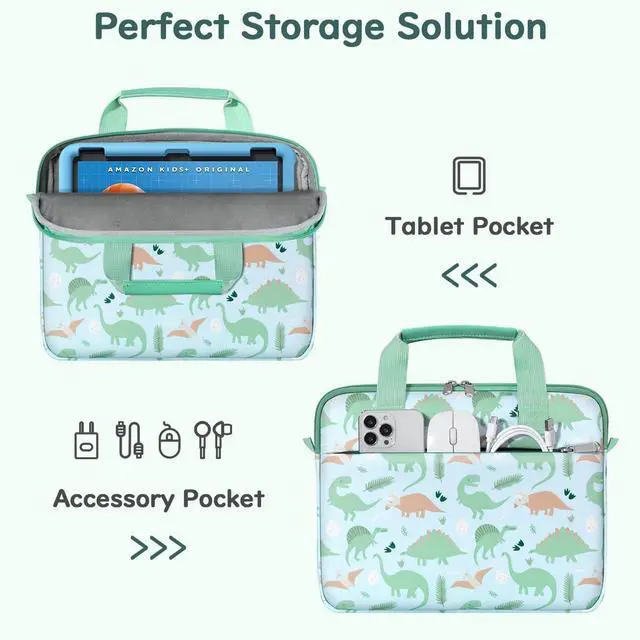 Alt view image 4 of 7 - Tablet Bag for Kids, 12.5 Inch Portable Tablet Sleeve Carrying Case with Handle & Shoulder Strap, Fits Fire HD 10 Kids (Pro) 13th/11th Gen 2023/2021, Fire Max 11 13th Gen, Green Dinosaur