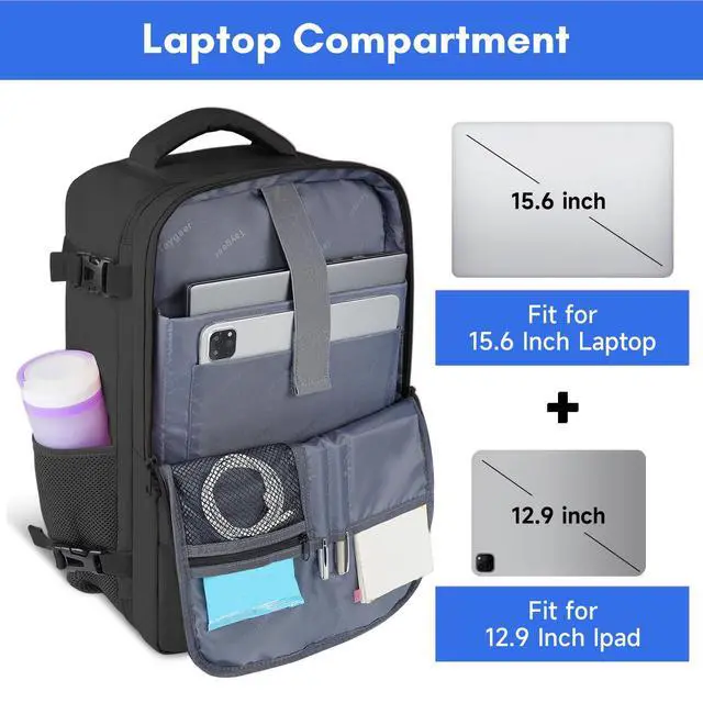 Alt view image 6 of 7 - Travel Laptop Backpack for Men Women, Airplane Approved Travel Backpack Suitcase with Water Bottle Pocket, Lightweight College 35l Luggage Bag 15.6inch Laptop Mochila Gifts for Business,Black