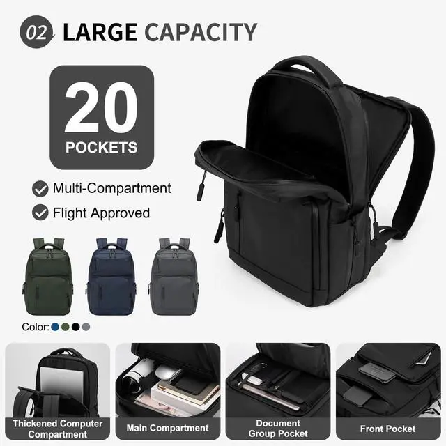 Alt view image 4 of 7 - Waterproof Laptop Backpack for Men & Women, Flight Approved Anti-Theft Daypack with 15.6-inch Laptop Sleeve (Black)