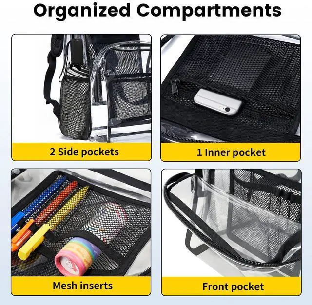Alt view image 4 of 6 - Clear Backpack Heavy Duty PVC Transparent Backpack with Reinforced Strap Stitches & Large Capacity for College Workplace Security - Black