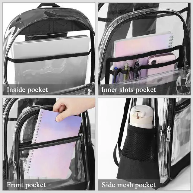 Alt view image 3 of 7 - Clear Backpack, Heavy Duty PVC Transparent Backpack with Reinforced Straps, See Through Multiple Pockets Large Capacity Bookbag for Concert Work Security Travel Festival (Black)