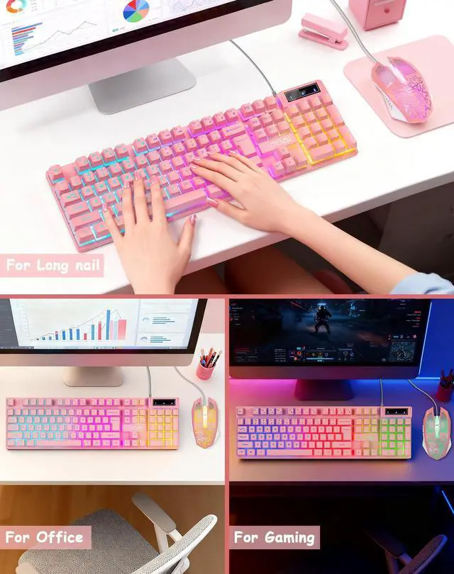 Alt view image 4 of 7 - Pink Gaming Keyboard and Mouse Combo with LED, 104 Keys Wired Light Up Pink Keyboard and Cute Mouse Set for PC Laptop Computer PS4 PS5 Xbox, 19 Keys Anti-ghosting, Multimedia Keys, Number Pad