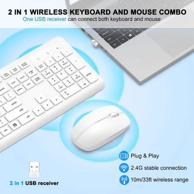 Alt view image 2 of 7 - Wireless Keyboard and Mouse Combo, Full Size Silent Ergonomic Keyboard and Mouse, Long Battery Life, Optical Mouse, 2.4G Lag-Free Cordless Mice Keyboard for Computer, Mac, Laptop, PC, Windows(White)