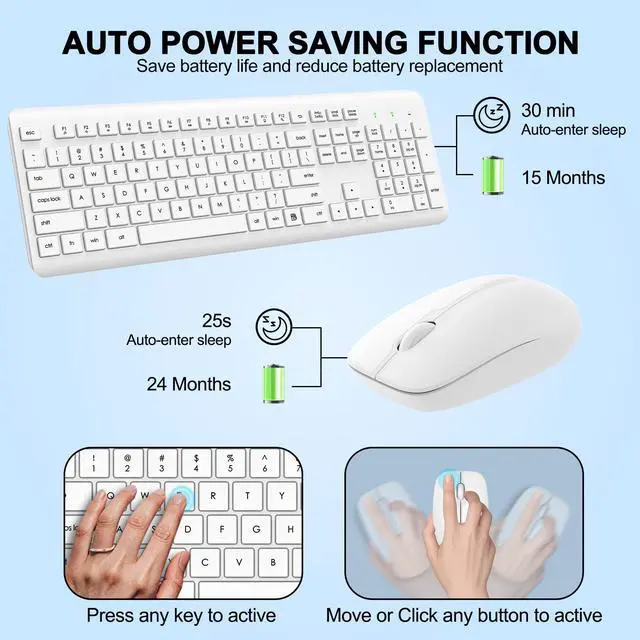 Alt view image 3 of 7 - Wireless Keyboard and Mouse Combo, Full Size Silent Ergonomic Keyboard and Mouse, Long Battery Life, Optical Mouse, 2.4G Lag-Free Cordless Mice Keyboard for Computer, Mac, Laptop, PC, Windows(White)