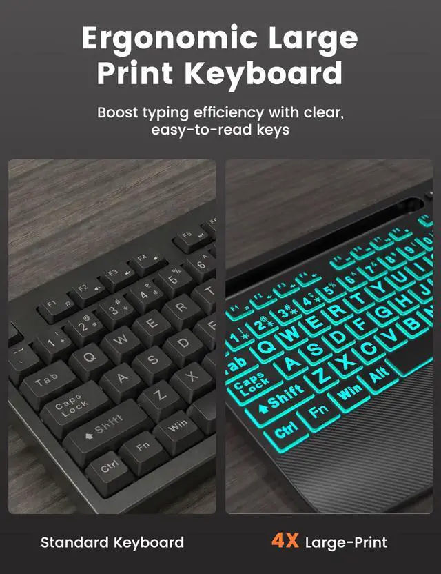 Alt view image 2 of 7 - KM21Pro Wired Keyboard Mouse Combo - Large Print Backlit, Ergonomic Wrist Rest, 6 DPI RGB for PC/Windows - Ideal for Seniors, Students, Office and Home