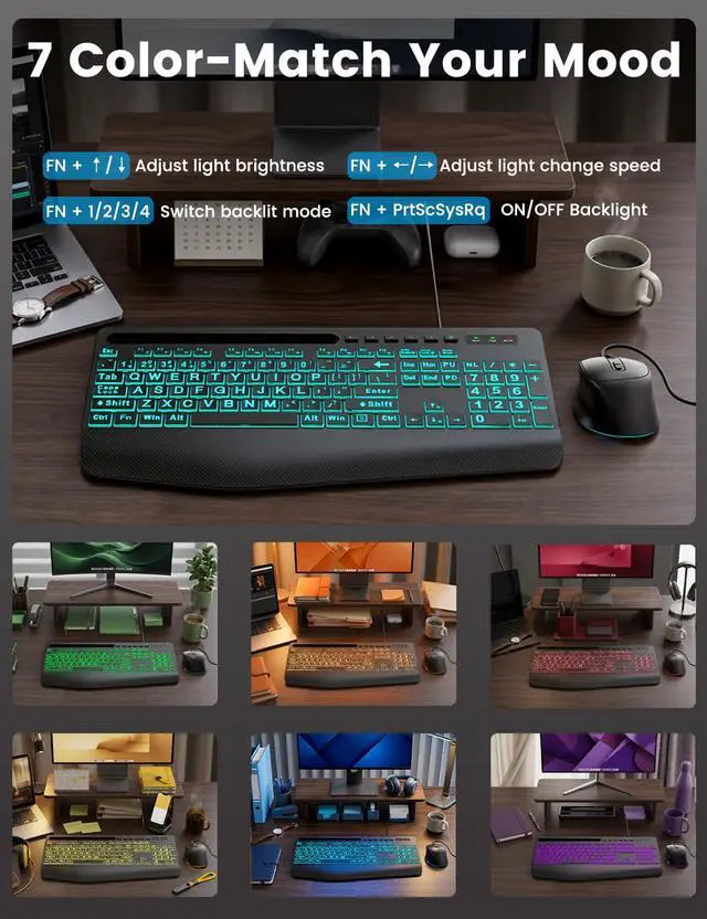 Alt view image 3 of 7 - KM21Pro Wired Keyboard Mouse Combo - Large Print Backlit, Ergonomic Wrist Rest, 6 DPI RGB for PC/Windows - Ideal for Seniors, Students, Office and Home