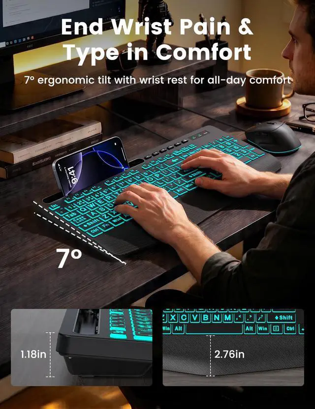 Alt view image 4 of 7 - KM21Pro Wired Keyboard Mouse Combo - Large Print Backlit, Ergonomic Wrist Rest, 6 DPI RGB for PC/Windows - Ideal for Seniors, Students, Office and Home