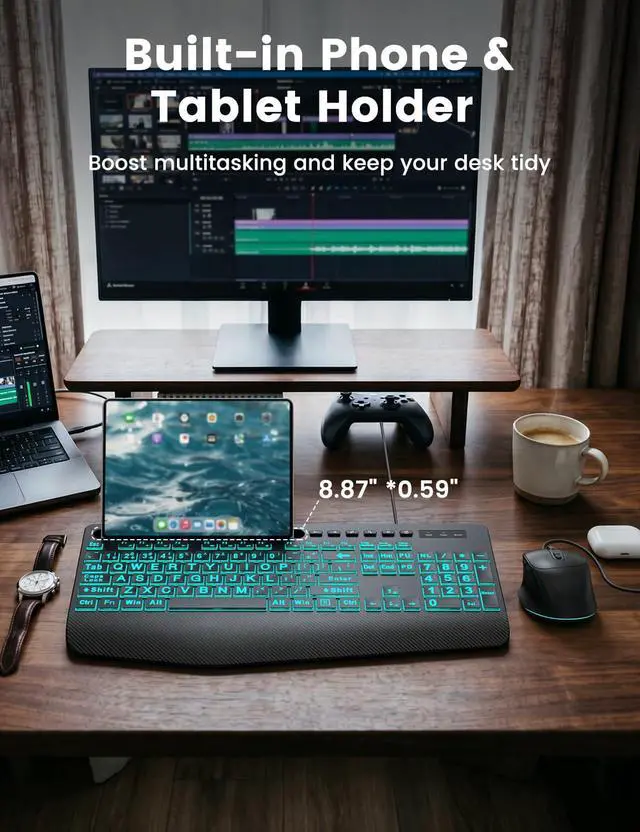 Alt view image 5 of 7 - KM21Pro Wired Keyboard Mouse Combo - Large Print Backlit, Ergonomic Wrist Rest, 6 DPI RGB for PC/Windows - Ideal for Seniors, Students, Office and Home