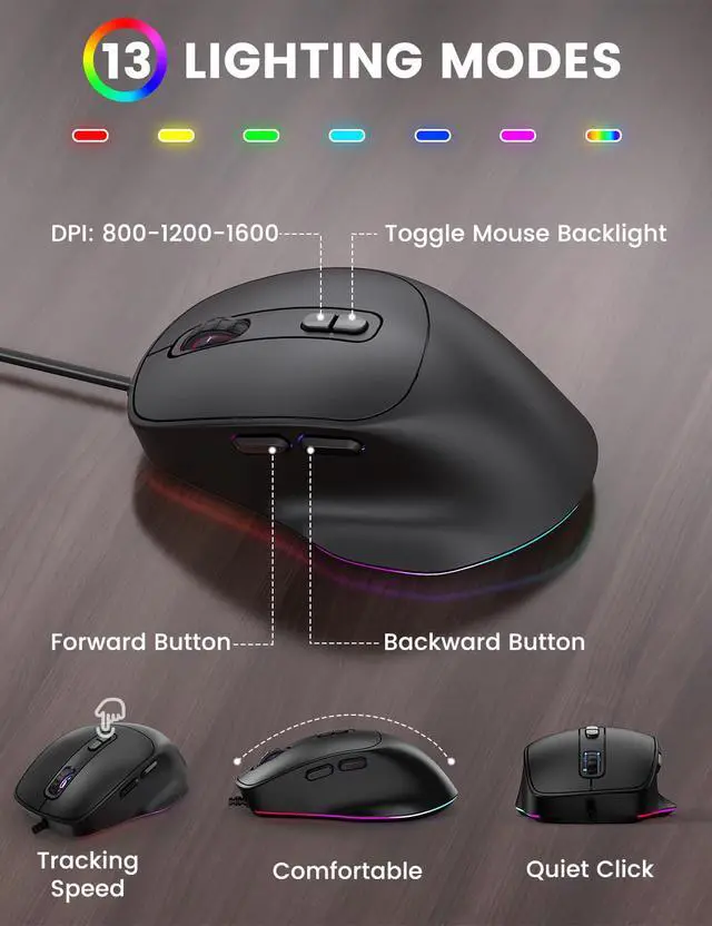 Alt view image 6 of 7 - KM21Pro Wired Keyboard Mouse Combo - Large Print Backlit, Ergonomic Wrist Rest, 6 DPI RGB for PC/Windows - Ideal for Seniors, Students, Office and Home
