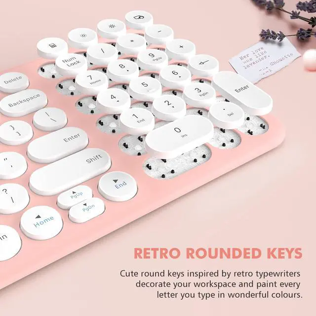 Alt view image 3 of 7 - Wireless Keyboard and Mouse Combo, Cute Compact -Size Pink Retro Round Keycap, Ultra Thin Quiet 2.4GHz Retro Kawaii Keyboard for Mac/PC/Laptop (Sakura Pink)