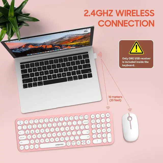 Alt view image 2 of 7 - Wireless Keyboard and Mouse Combo, Cute Compact -Size Pink Retro Round Keycap, Ultra Thin Quiet 2.4GHz Retro Kawaii Keyboard for Mac/PC/Laptop (Sakura Pink)