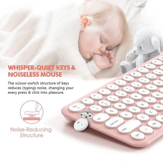 Alt view image 5 of 7 - Wireless Keyboard and Mouse Combo, Cute Compact -Size Pink Retro Round Keycap, Ultra Thin Quiet 2.4GHz Retro Kawaii Keyboard for Mac/PC/Laptop (Sakura Pink)