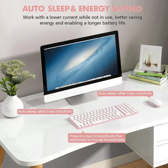 Alt view image 6 of 7 - Wireless Keyboard and Mouse Combo, Cute Compact -Size Pink Retro Round Keycap, Ultra Thin Quiet 2.4GHz Retro Kawaii Keyboard for Mac/PC/Laptop (Sakura Pink)