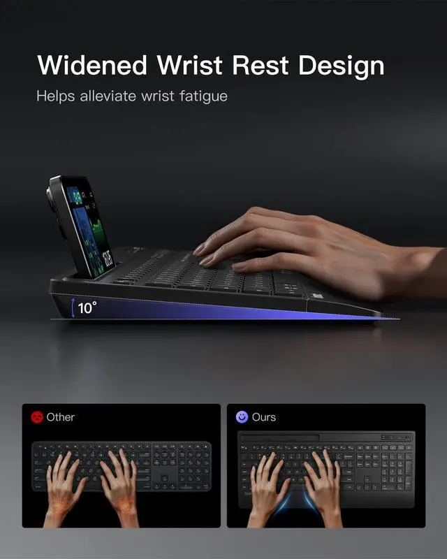 Alt view image 2 of 7 - Wireless Keyboard Mouse Set, QWERTZ Wireless Keyboard in Full Size, 3 Bluetooth, with Wrist Rest, AI Function, Silent Keyboard for Mac, Windows, Laptop, PC, Smart TV, KB06006