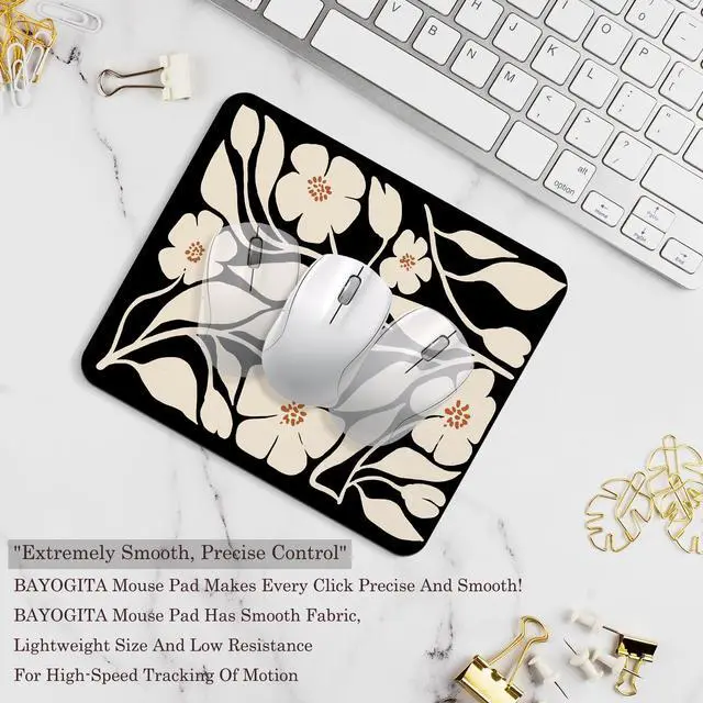 Alt view image 2 of 7 - Floral Black Mouse Pad - Vintage Boho Flower Office Desk Mousepad, Black Boho Floral Decor Gifts, Office Gifts for Coworkers, Coworker Gift for Women, 9.5x8 Inches