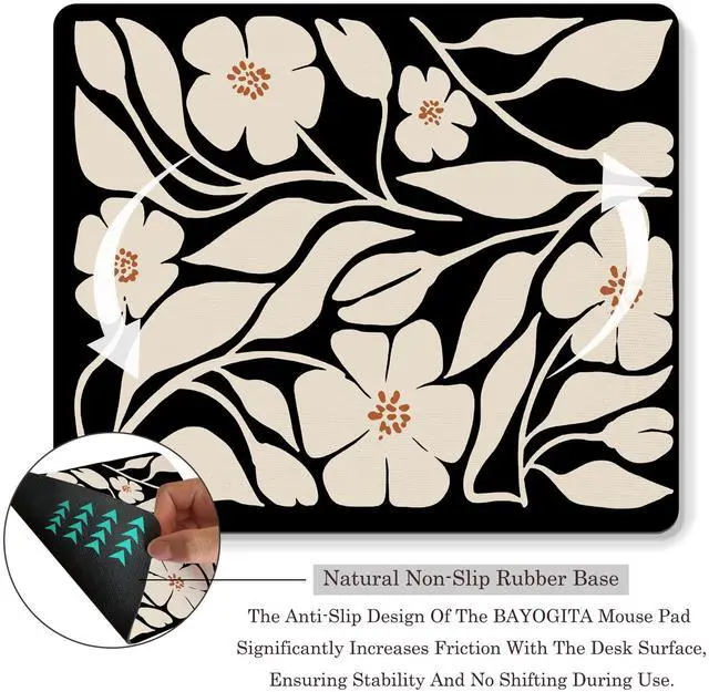 Alt view image 6 of 7 - Floral Black Mouse Pad - Vintage Boho Flower Office Desk Mousepad, Black Boho Floral Decor Gifts, Office Gifts for Coworkers, Coworker Gift for Women, 9.5x8 Inches