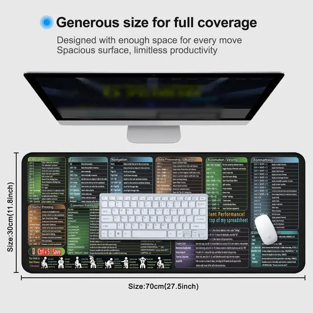 Alt view image 4 of 7 - Mouse Pad with Excel Cheat Sheet Desk Pad, Large Waterproof Non-Slip Desk Mat with Printed Keyboard Shortcuts for Work, Study, Computer, or Gaming(27.6x11.8 in)