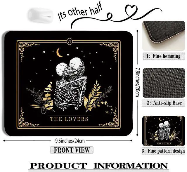 Alt view image 2 of 6 - Gothic Tarot Card The Lovers Skull Mouse Pad, Gifts for Anniversary Couples Mouse Pads for Wireless Mouse Computers Laptop Desk Accessories, Gothic Office Supplies, 9.5x7.9 Inch