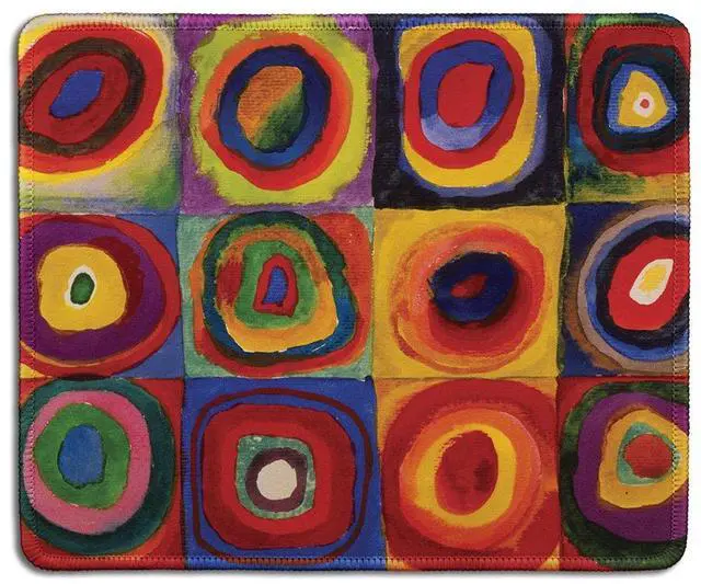Main image of Art Mouse Pad - Natural Rubber Mousepad with Famous Fine Art Painting of Abstract Art Squares with Concentric Circles by Wassily Kandinsky - Stitched Edges - 9.5x7.9 inches
