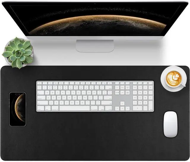 Main image of Black Leather Desk Mat Large Mouse Pad, Waterproof Desk Pad for Keyboard and Mouse, Non-Slip Computer Desk Protector, Smooth Mouse Movement Desk Mat for Home and Office(23.6"×13.8")